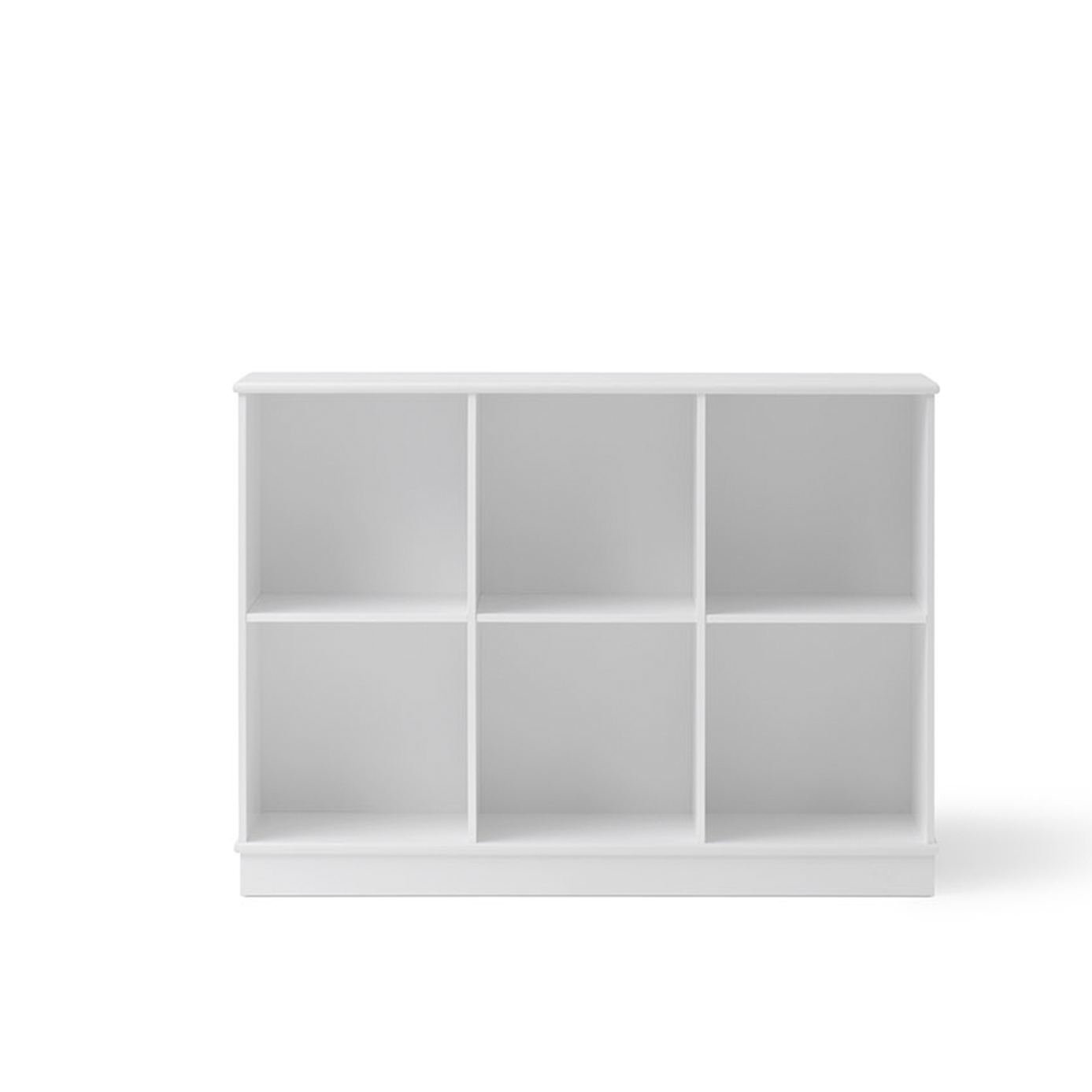 White cube shelving unit with six compartments on a white background