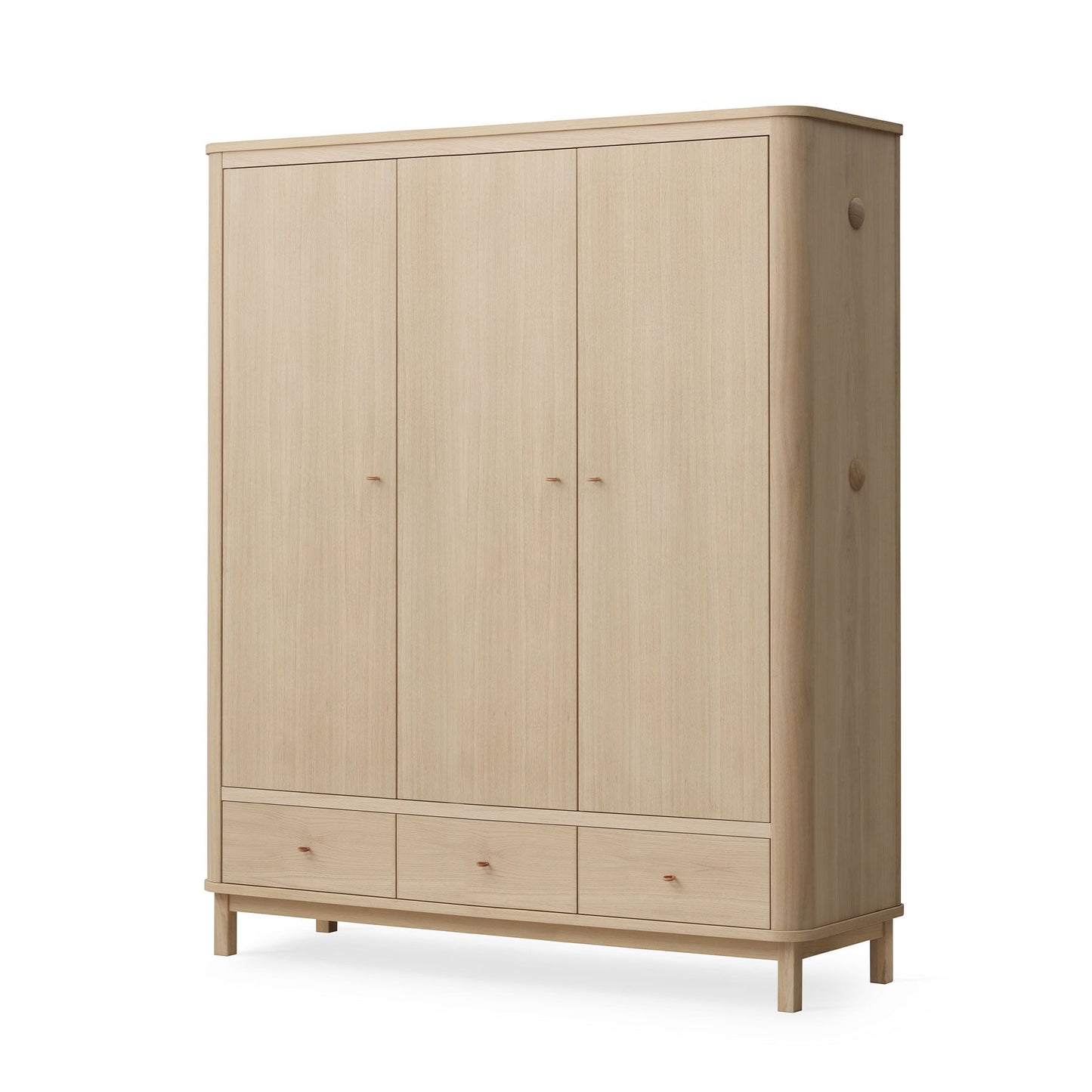 Wooden wardrobe with four doors and three drawers on a white background