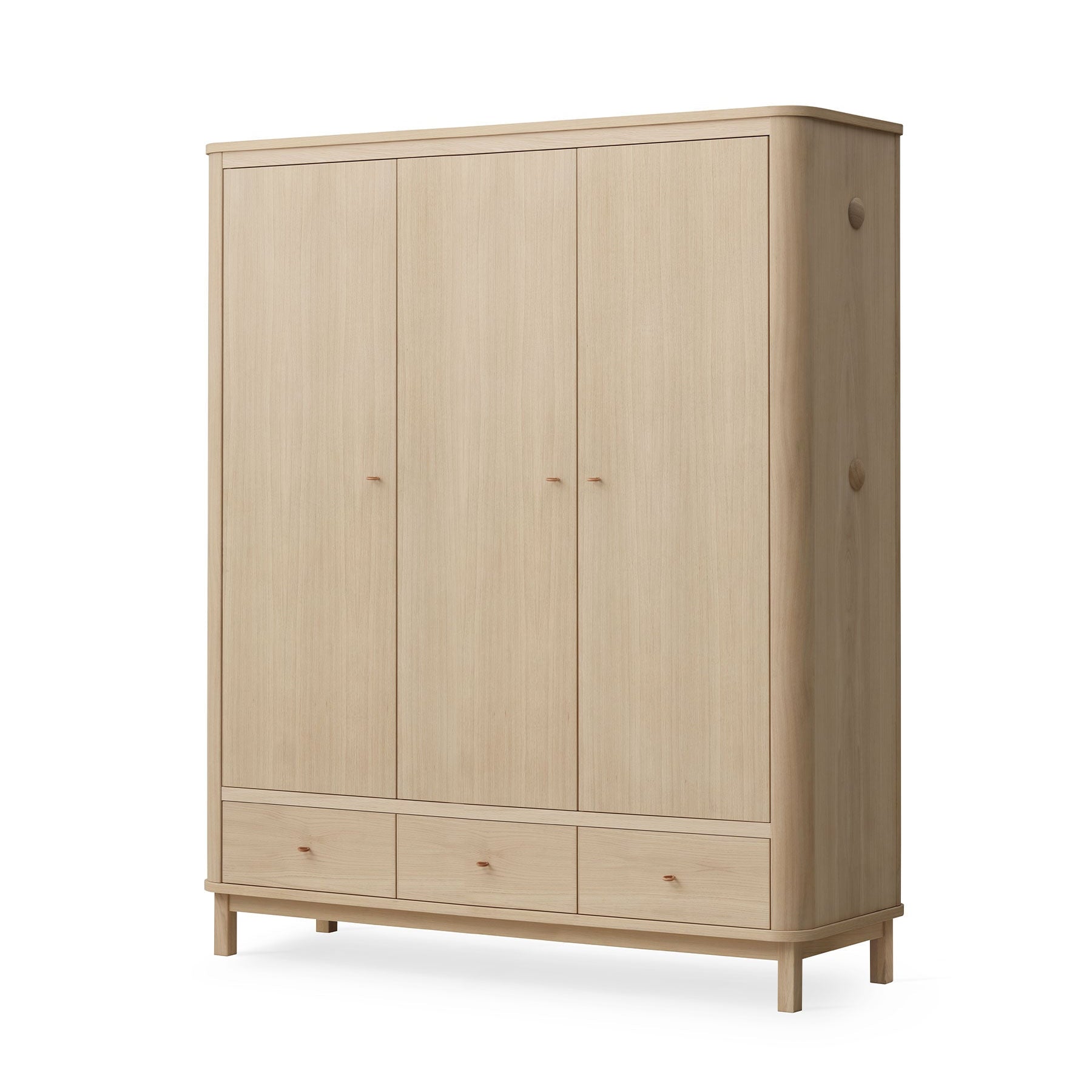 Wooden wardrobe with four doors and three drawers on a white background