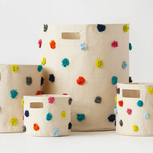 Pehr Kids soft storage bskets with coloured pom poms