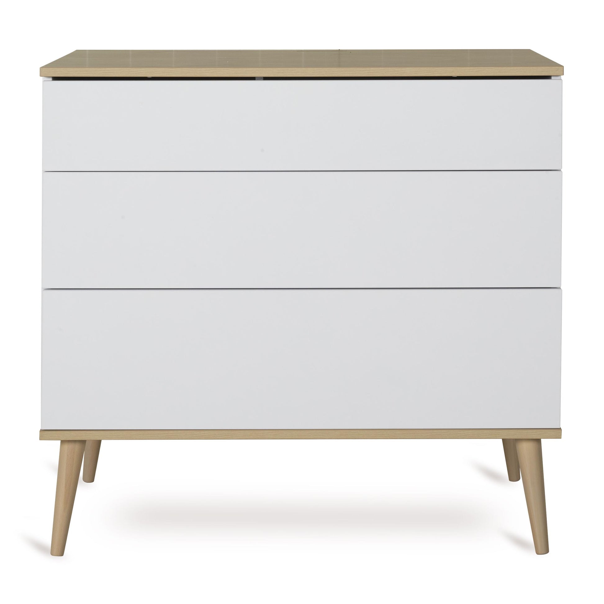 Quax Flow Chest in White — front view with push-open drawers