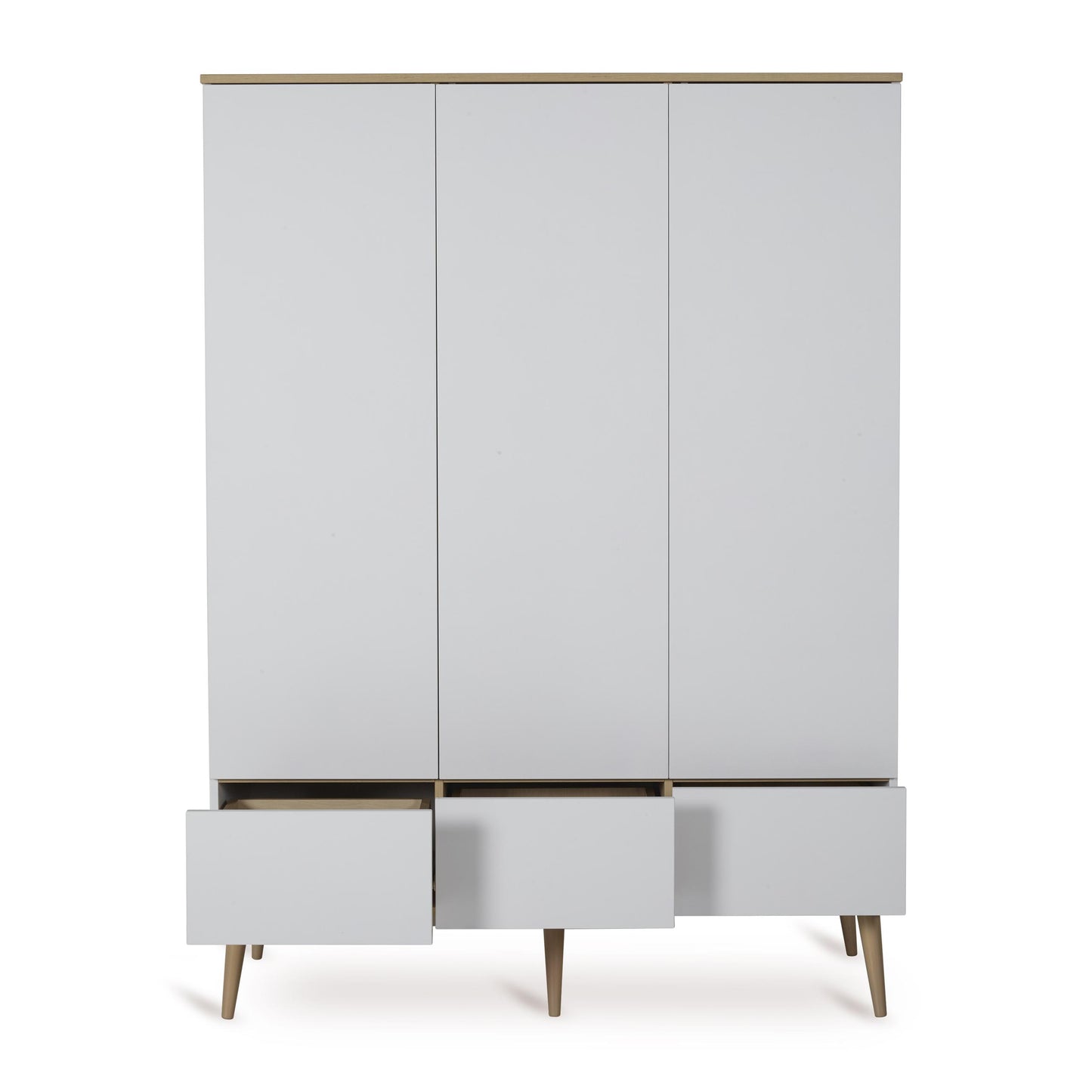 Flow Nursery 3 door wardrobe in crisp modern white open drawers