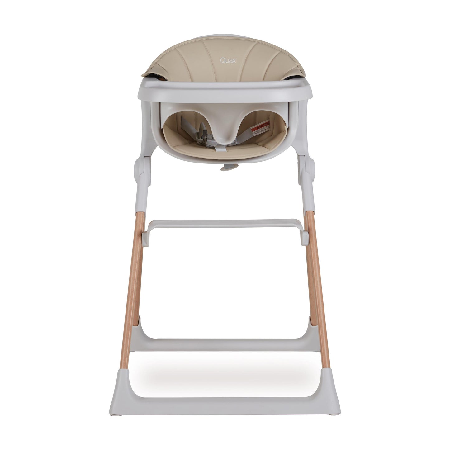 Baby high chair with beige cushion on a white background