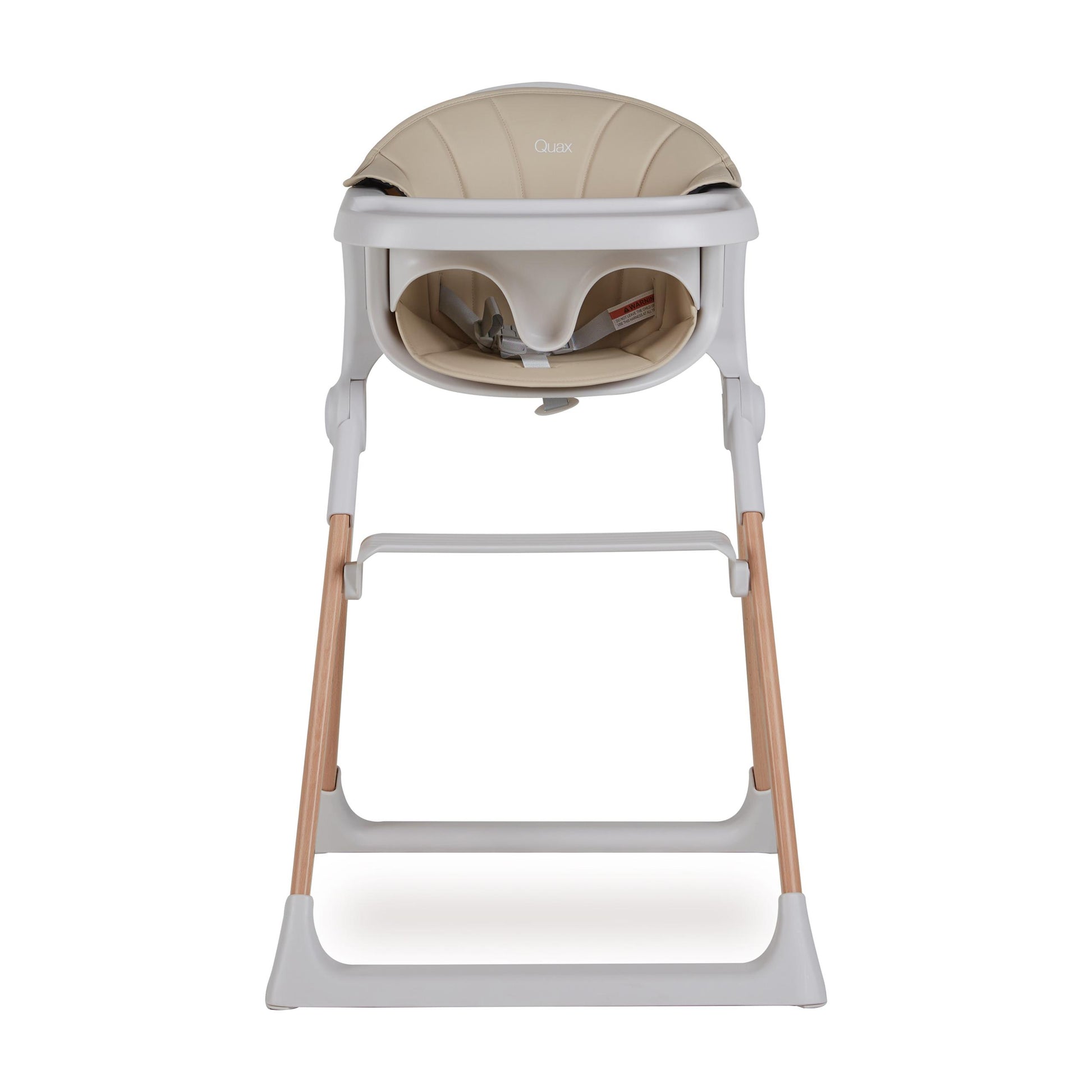 Baby high chair with beige cushion on a white background