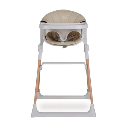 Baby high chair with beige cushion on a white background