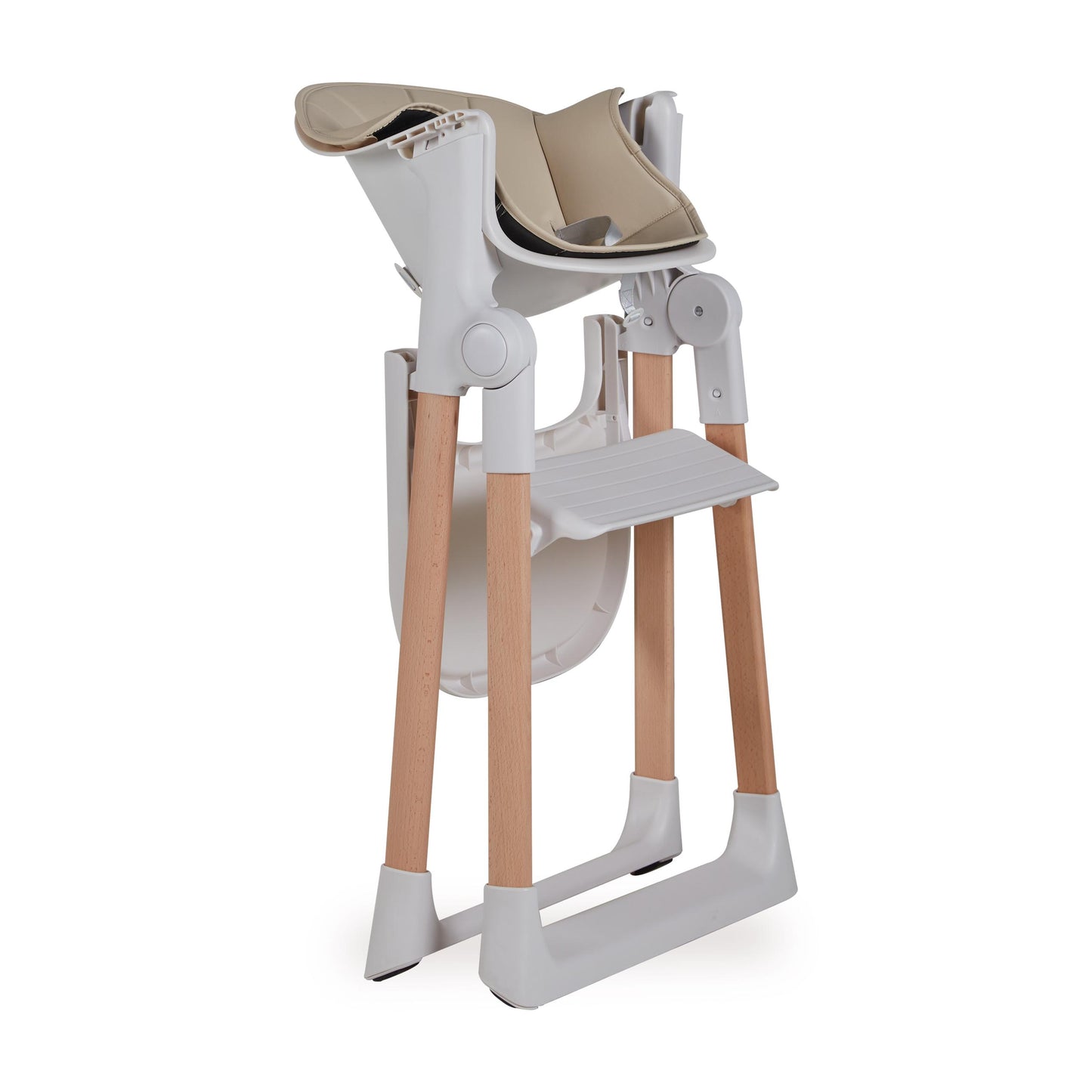 Folded Modern high chair with beige cushion on a white background