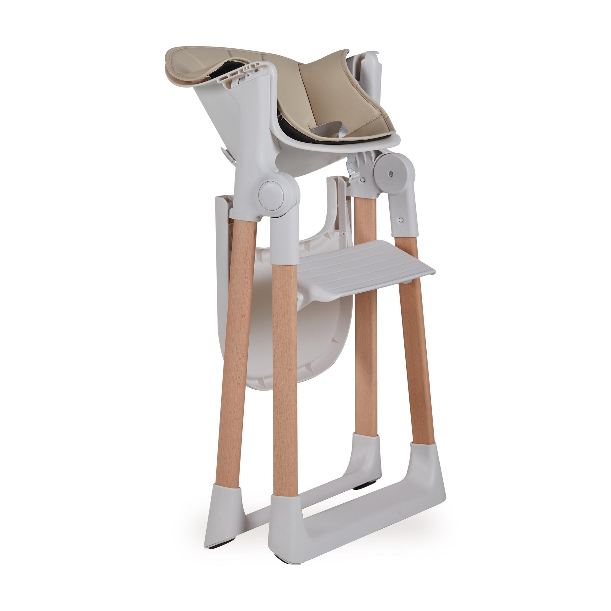Folded Modern high chair with beige cushion on a white background