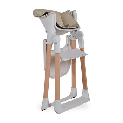 Folded Modern high chair with beige cushion on a white background