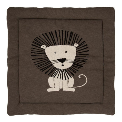 Brown cushion with a lion design on a white background