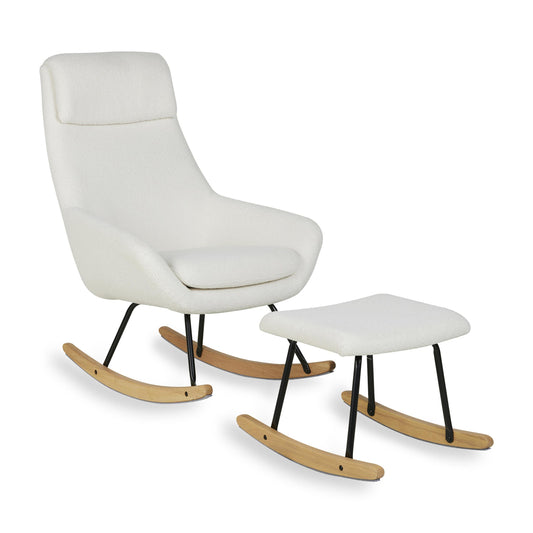 White nursing rocking chair with ottoman on a white background