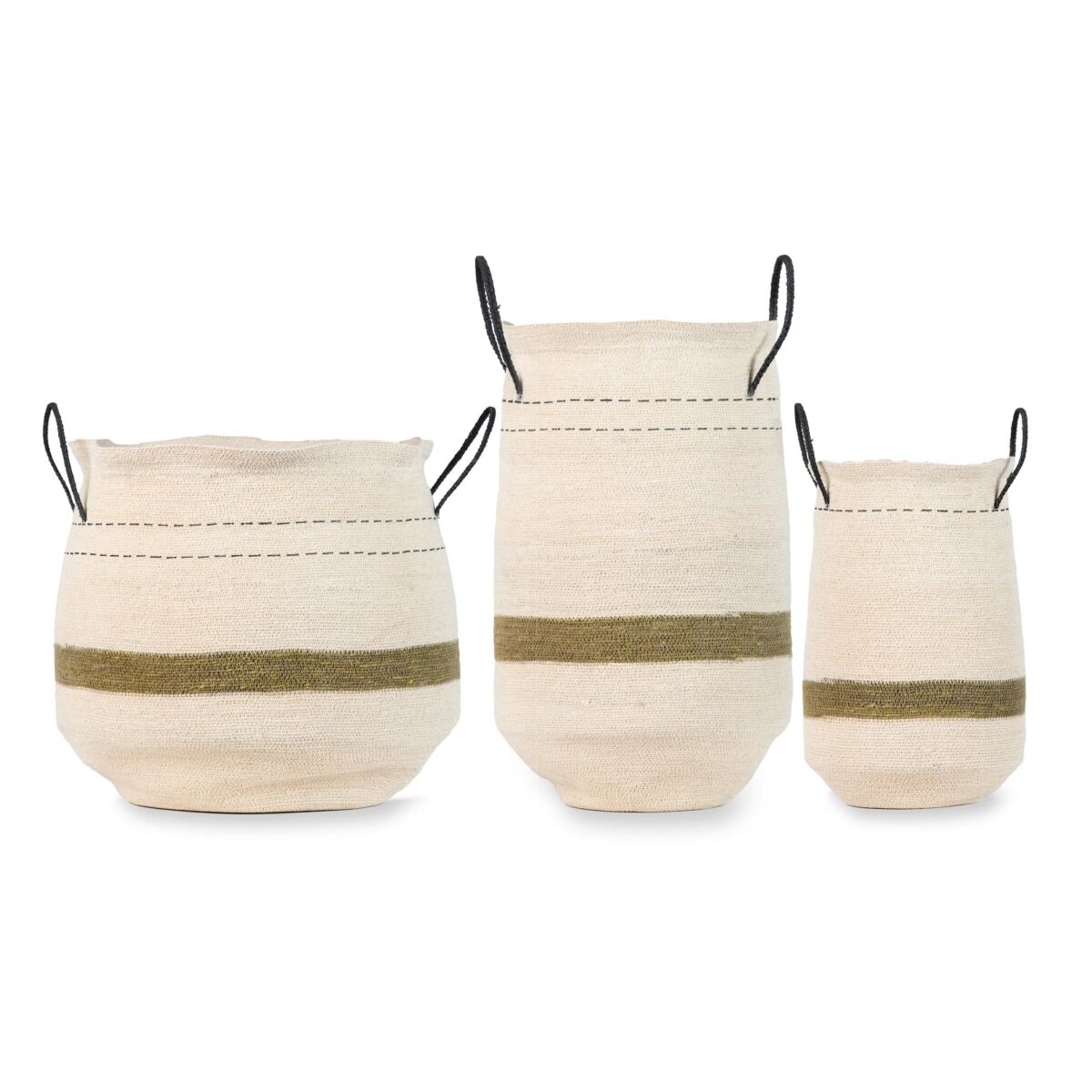 Three woven baskets with handles on a white background