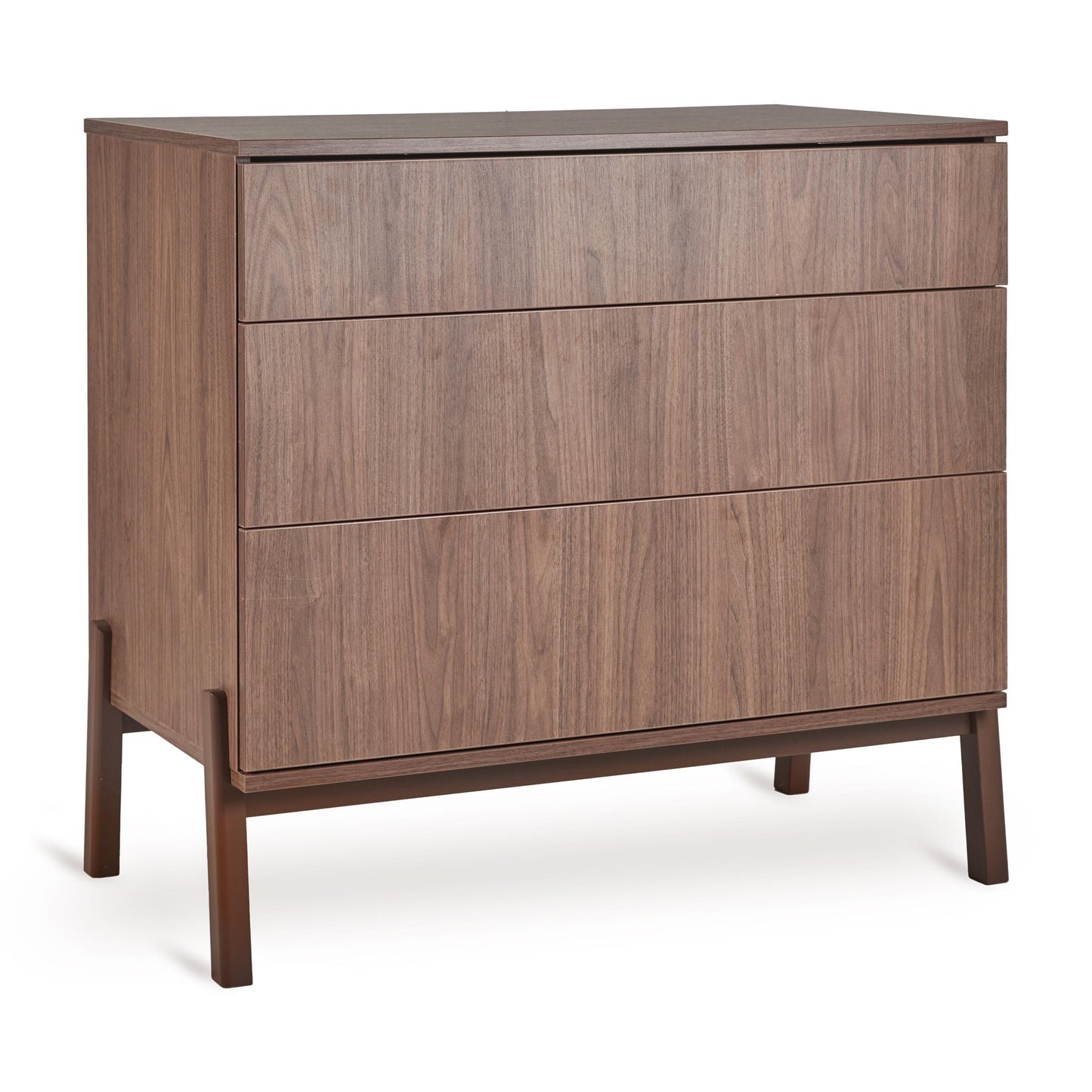 Wooden dresser with three drawers on a white background