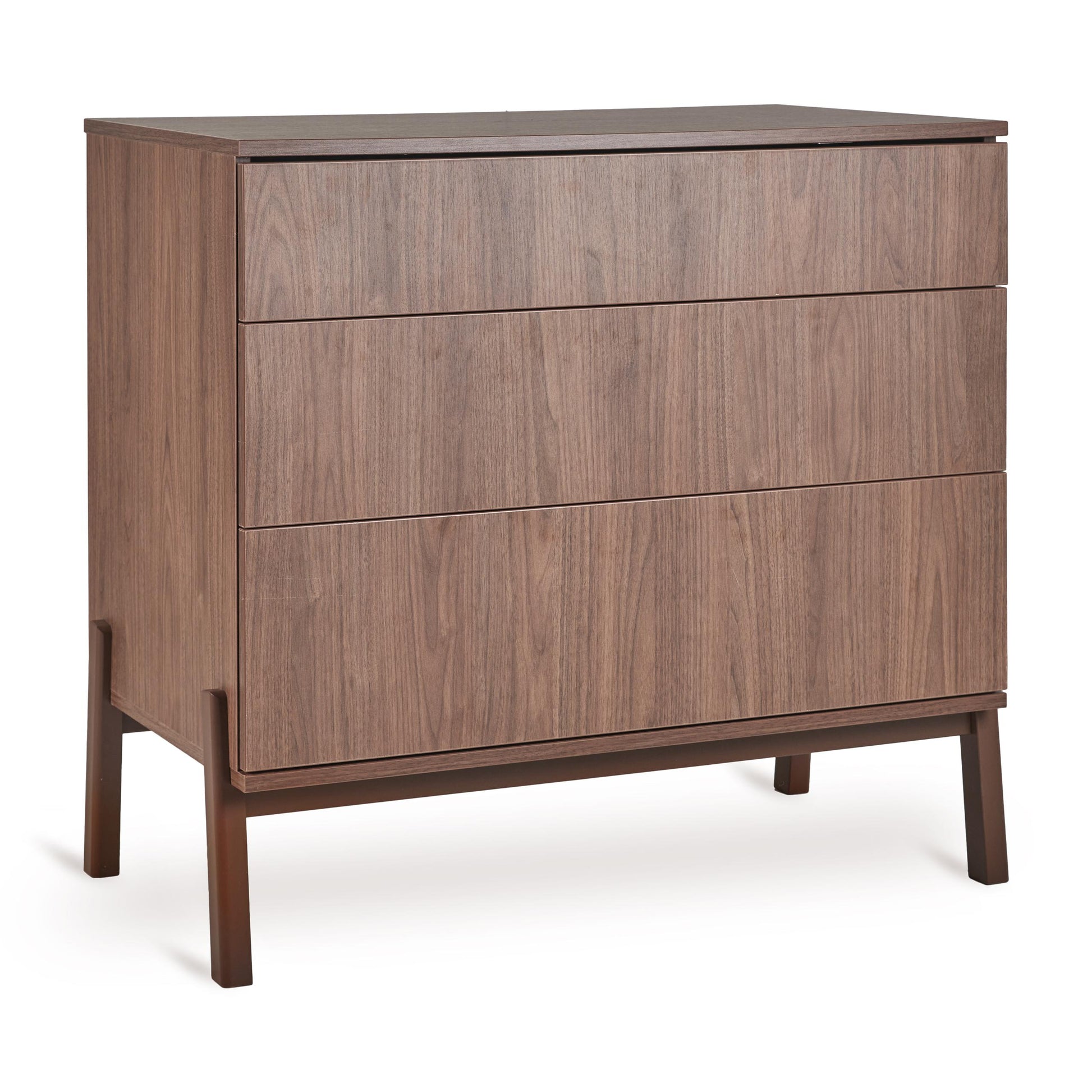 Wooden dresser with three drawers on a white background