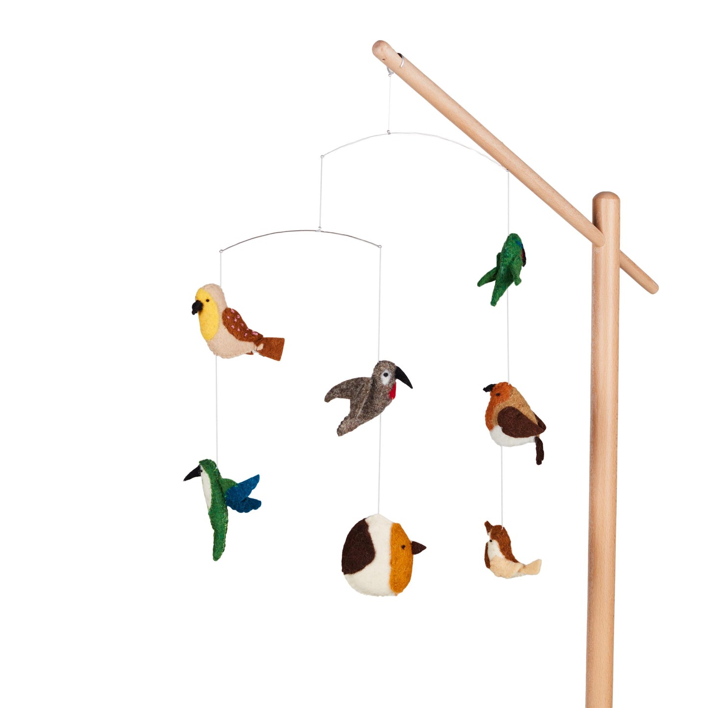 Bird-shaped mobile hanging from a wooden stand on a white background