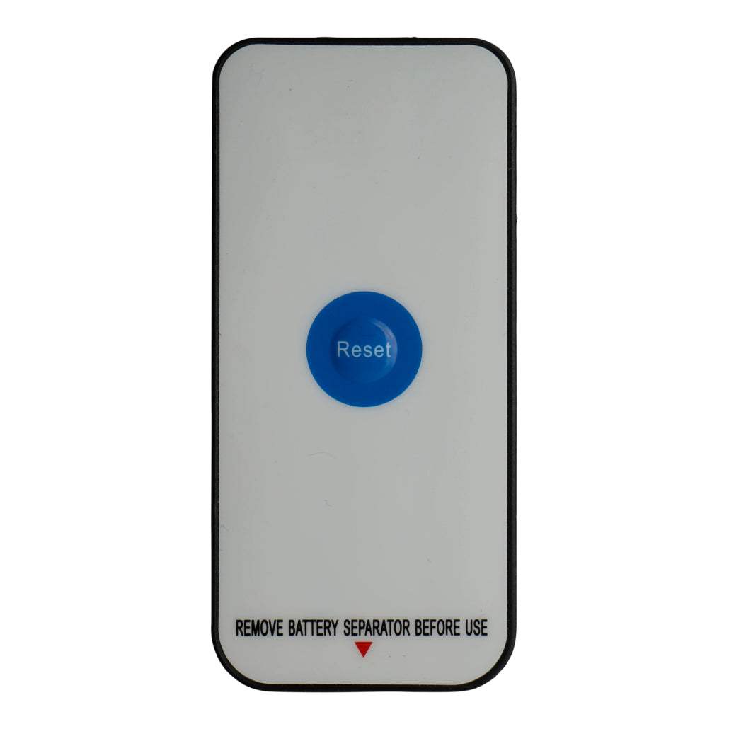 Rectangular device with a blue reset button on a white background