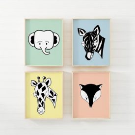 Set of 4 Safari Wall Art, Animal Prints, Nursery Decor, Kids' Wall Art