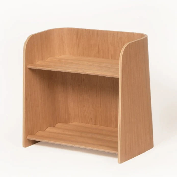Wooden bookshelf with curved design on a white background