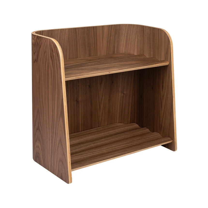 A small wooden display shelf with a warm medium-brown wood grain finish, featuring a curved back panel and two open shelves, shown on a solid white background.