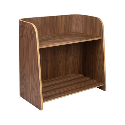 A small wooden display shelf with a warm medium-brown wood grain finish, featuring a curved back panel and two open shelves, shown on a solid white background.