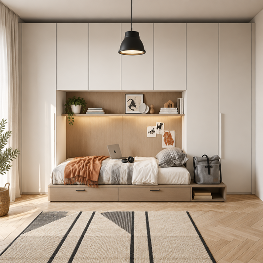 A modern bedroom featuring a large built-in wardrobe and bed unit in light gray and white, with a black pendant light hanging above. The bed is styled with white and gray bedding, an orange throw blanket, and small decorative items on the shelves.