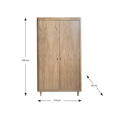 Wooden wardrobe with dimensions labeled on a white background