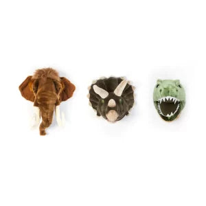 Three animal head-shaped wall hooks on a white background