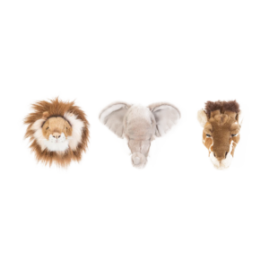 Three stuffed animal heads of a lion, elephant, and bear on a white background