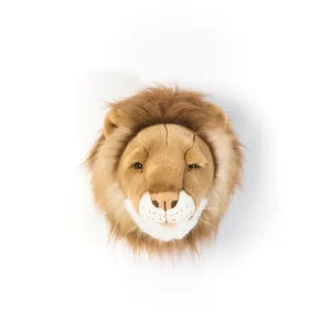 Plush lion head toy on a white background