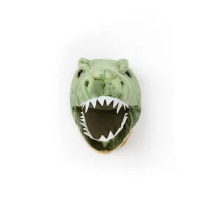 Green dinosaur-shaped plush toy on a white background