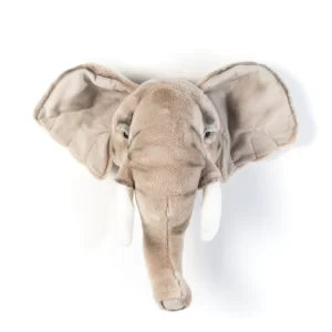 Plush elephant head toy on a white background