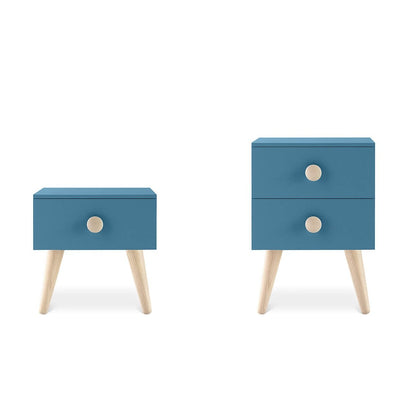Two kids blue nightstands with wooden legs on a white background by Nidi