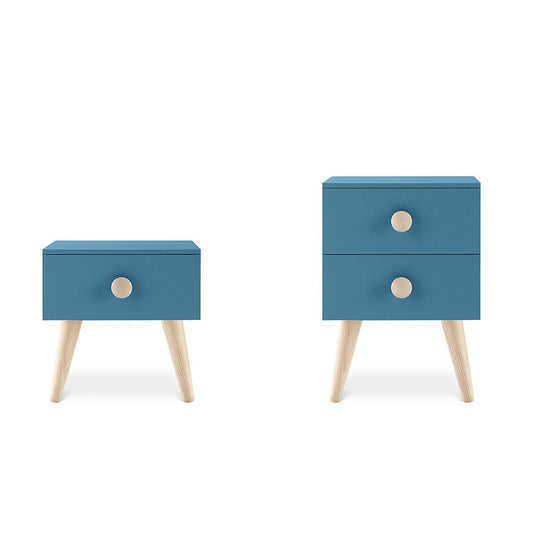 Two kids blue nightstands with wooden legs on a white background by Nidi
