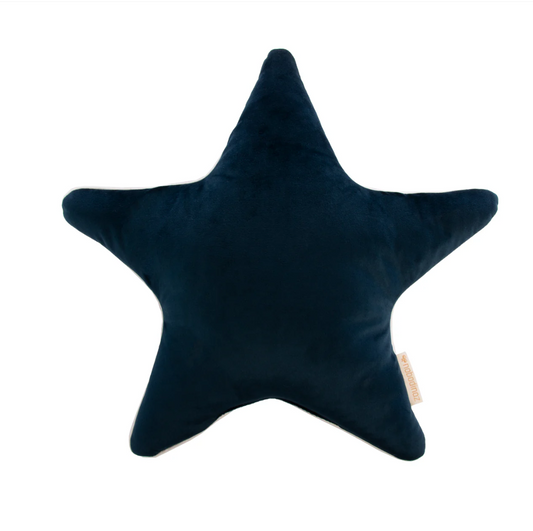 Navy blue star-shaped pillow on a white background