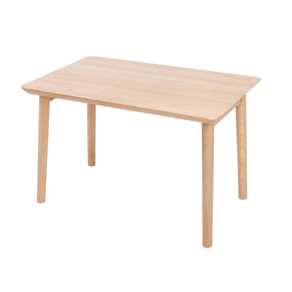 A light natural wood rectangular table with four tapered legs, shown on a plain white background.