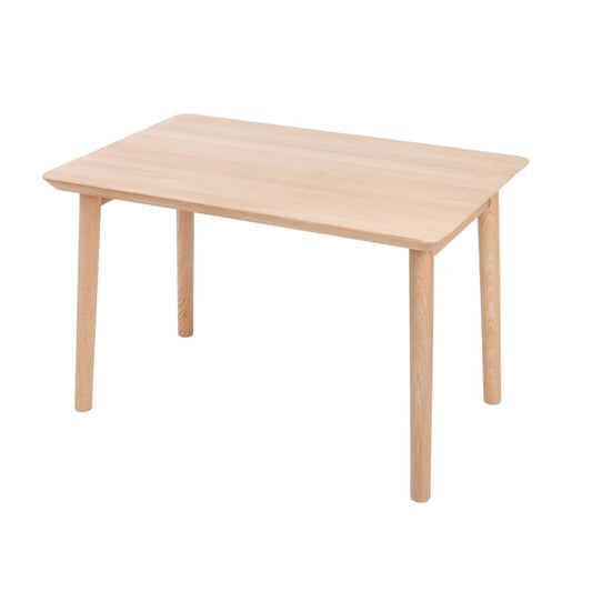 A light natural wood rectangular table with four tapered legs, shown on a plain white background.