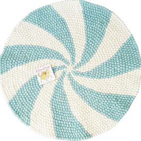 Round mat with blue and white spiral pattern on a white background