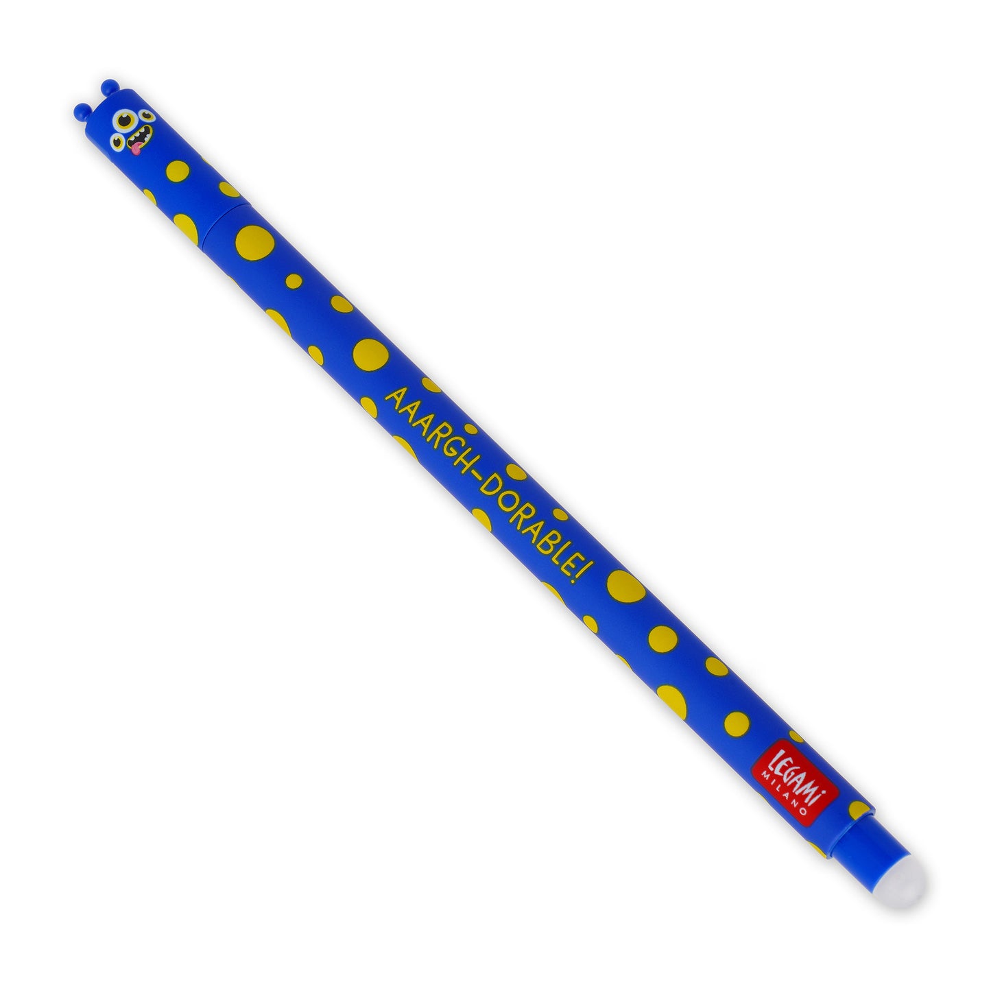 Blue pencil with yellow polka dots and 'AAARGH-DORABLE!' text on a white background