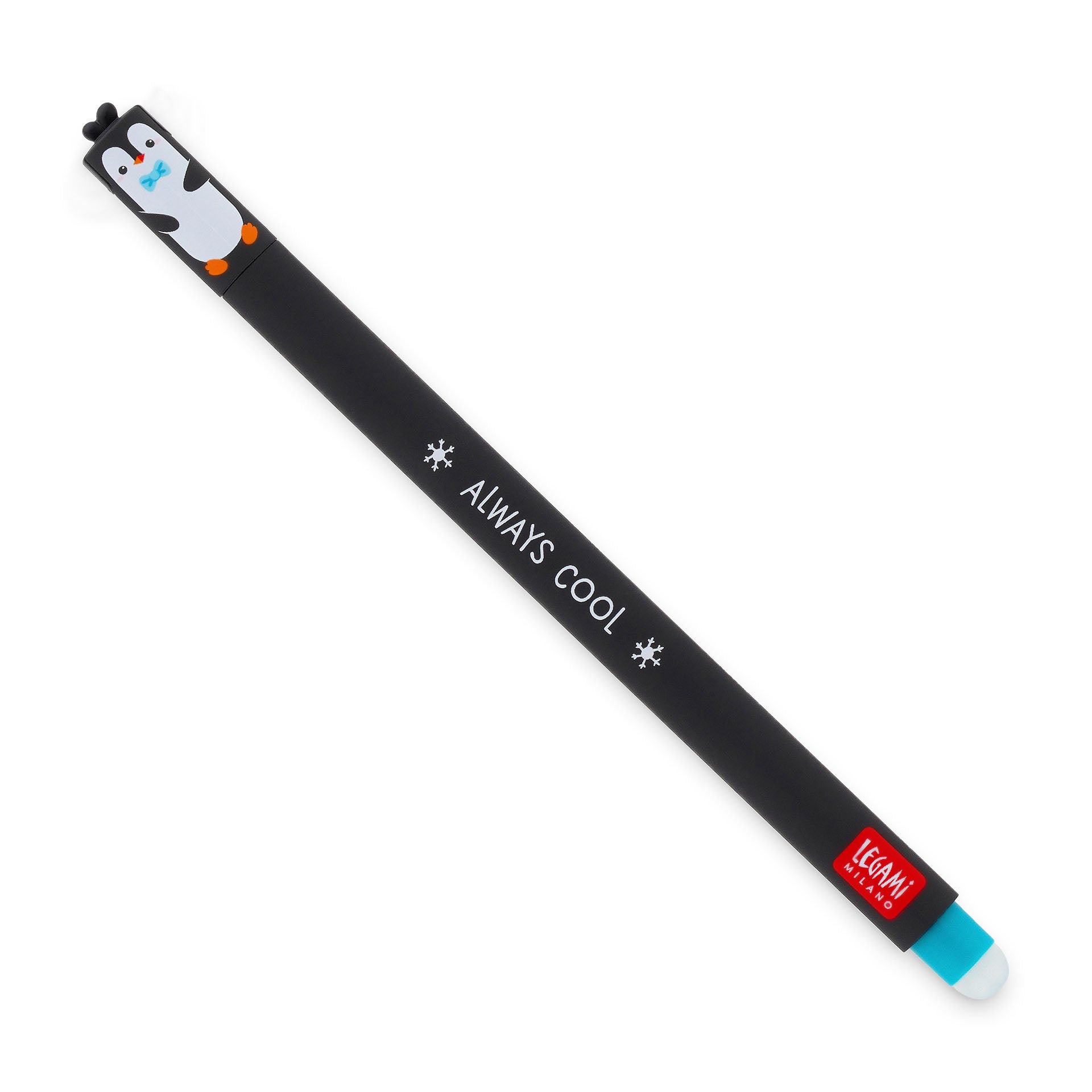 Black pen with penguin design and 'Always Cool' text on a white background