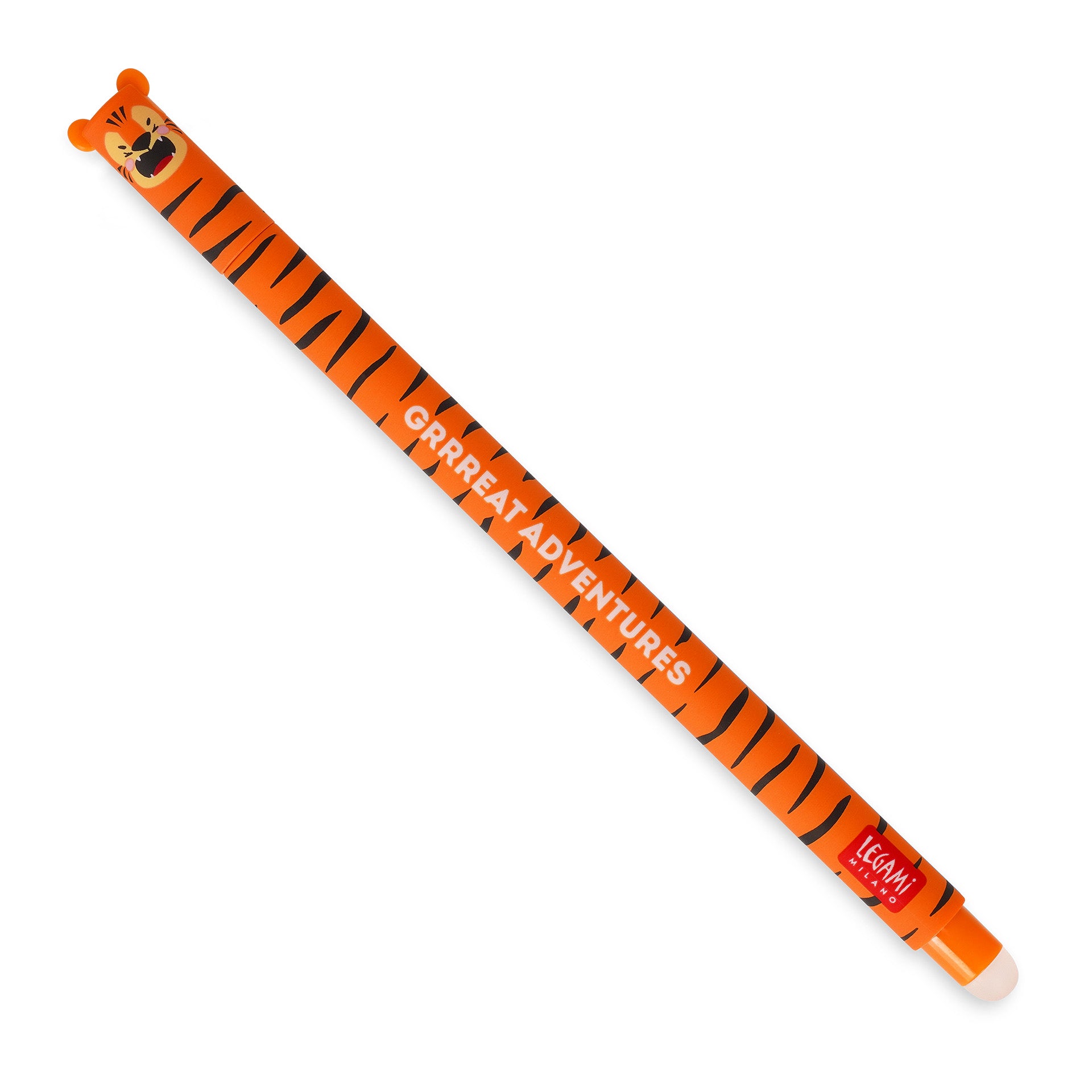Pencil with tiger design and 'Grreat Adventures' text on a white background