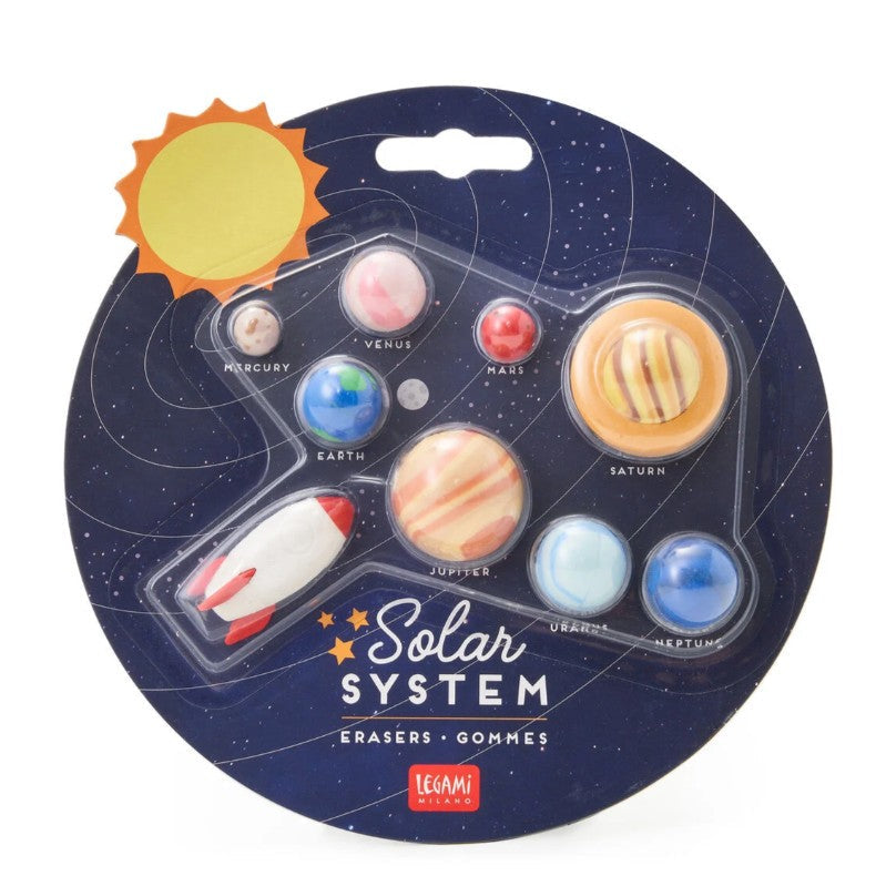 Packaging of solar system erasers with colorful illustrations on a white background