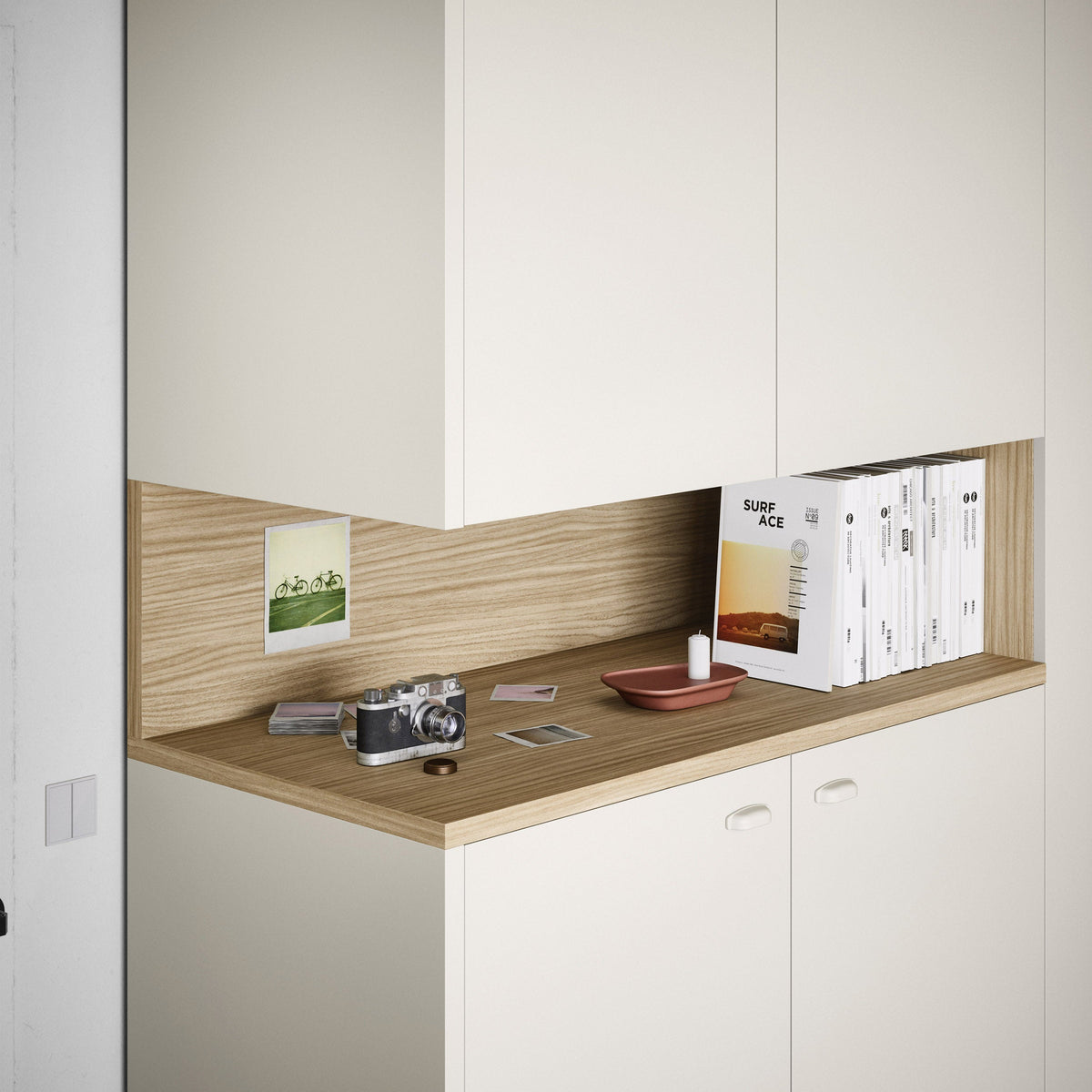 Nidi fitted wardrobe with open shelving and integrated bedroom storage