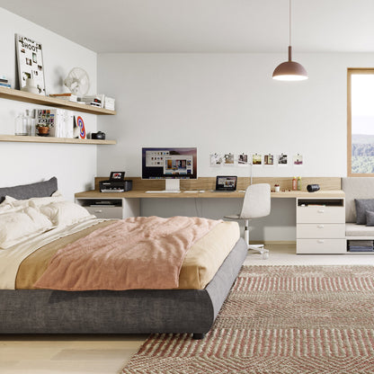 Nidi teen bedroom with double bed, long study desk and storage