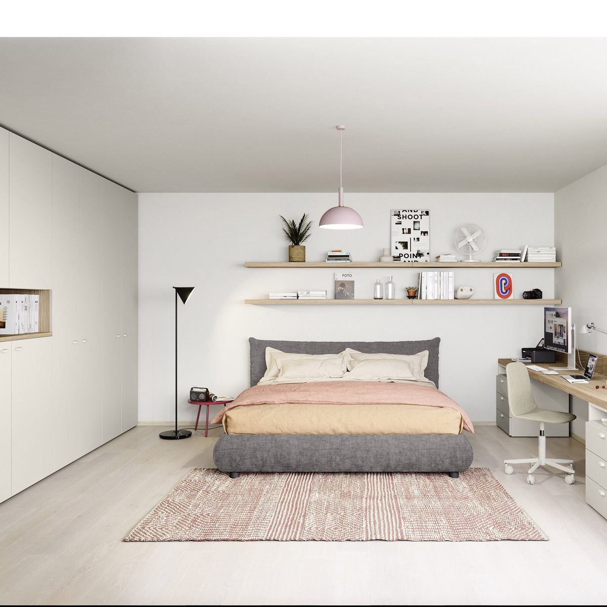 Nidi teen bedroom with double bed and floor-to-ceiling fitted wardrobes