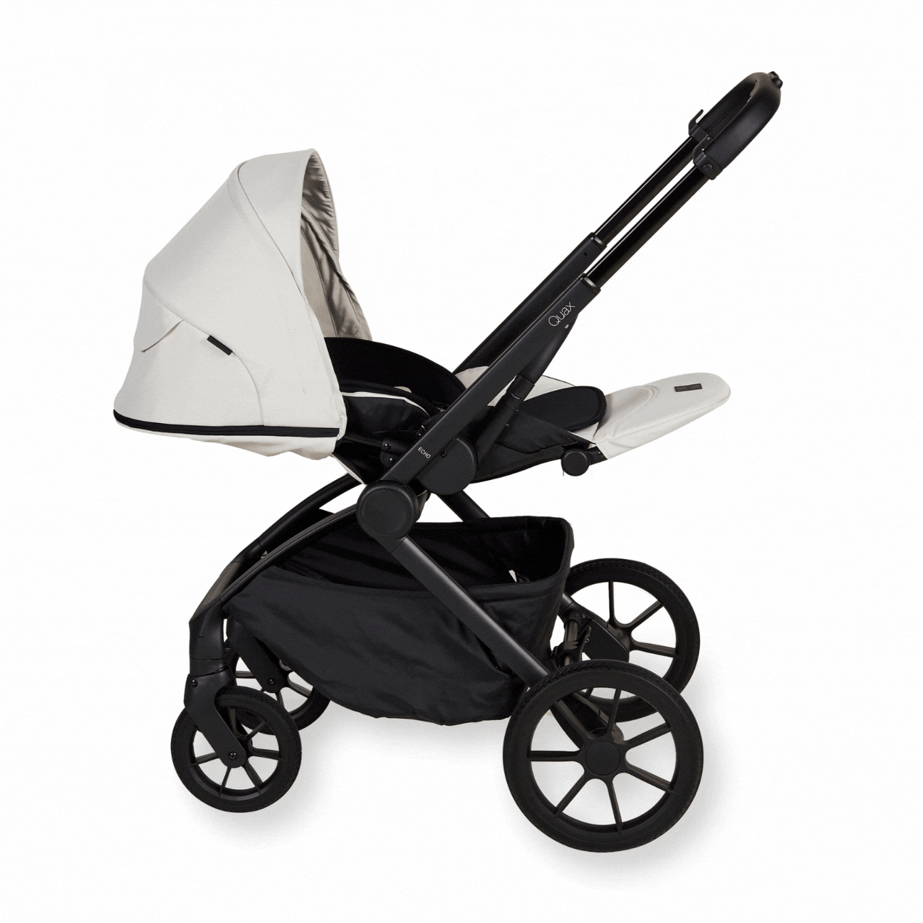 Quax beige light weight stroller showing how it works