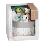 Three small stuffed animals in a decorative box with a white background